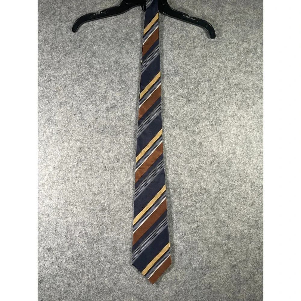 Geoffrey Beene Mens Silk Necktie Navy Blue Copper Brown Gold Striped Formal Tie